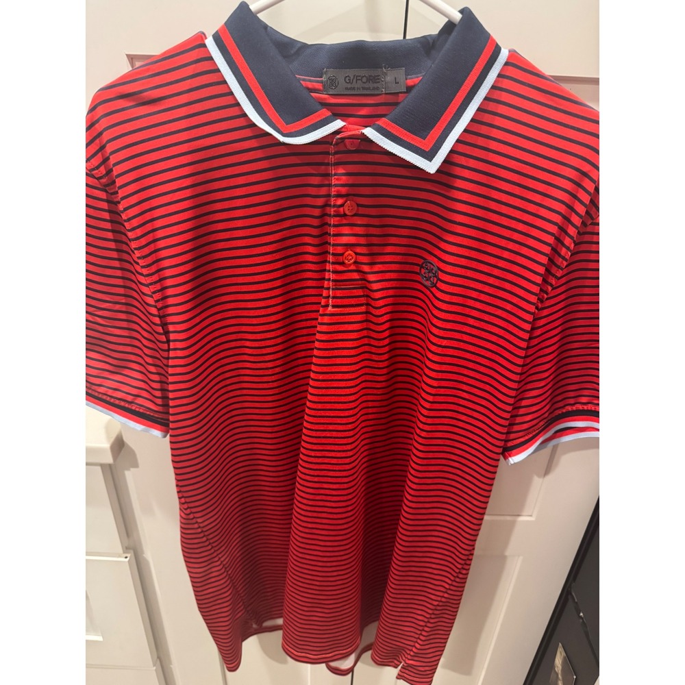 G/FORE Mens Red Navy Blue Striped‎ Skull Graphic Golf Polo Shirt Size Large